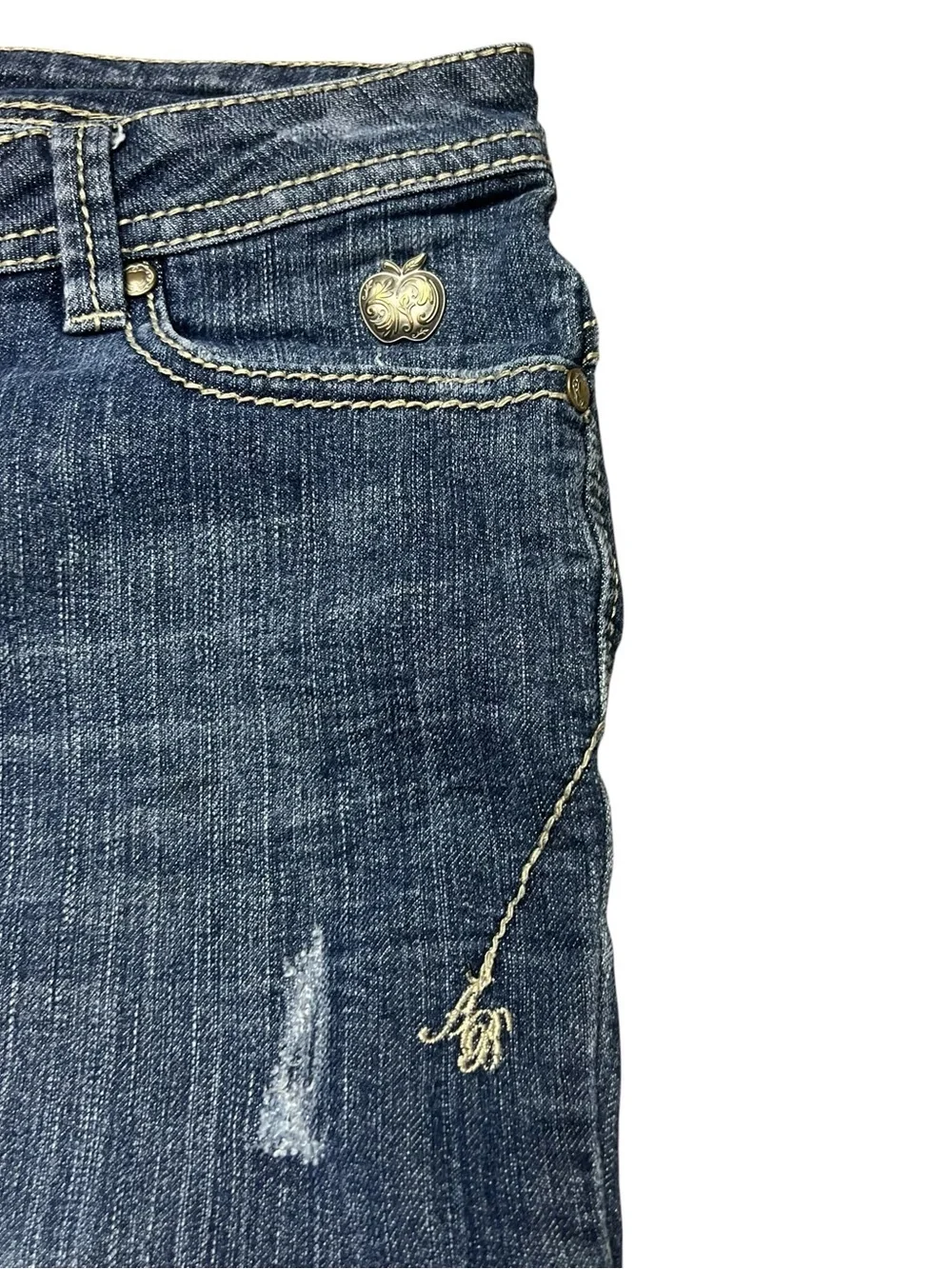 Y2K Apple Bottoms Low Rise Studded Dark Indigo Jeans Red Brand Label Size 7/8 M - Picture 5 of 8